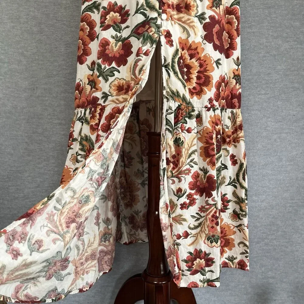 Abercrombie & Fitch Floral Linen Dress SP Buttons Plunge Neck Smocked Boho Maxi
